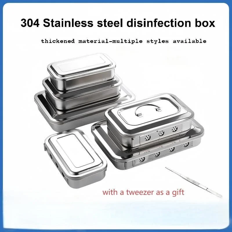 

304# Stainless Steel Medical Disinfection Box (with lid)perforated square tray Iodophor-resistant 4 sizes with/without handle