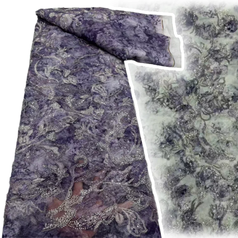 

2025 Latest High-end Luxury French Embroidery Beads Lace Fabric African Nigerian Sequins Tulle Lace Fabric Wedding Dress SZ1728