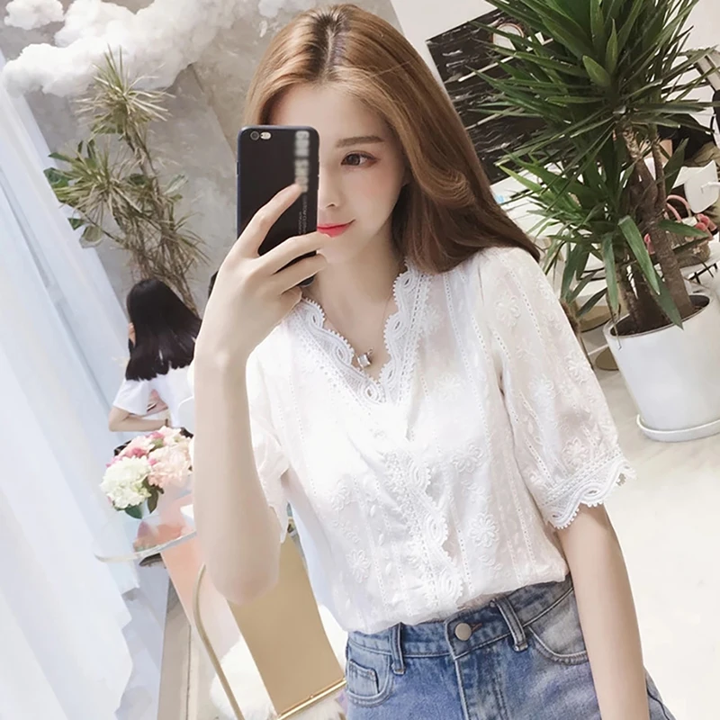 Summer Women V-Neck Blouse Casual Lace Hollow Out Sweet Loose Top Female  Half Sleeves Solid Office Blouse Shirts