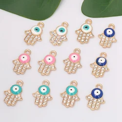 10 Golden Alloy Rhinestone Hamsa Hand Mixed Enamel EYE Kabbalah Charm Pendants 14X21mm