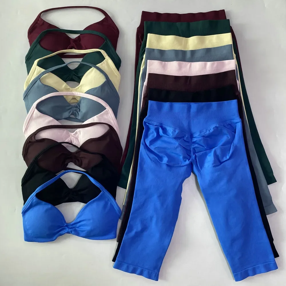 2 Pieces Gym Set Strappy Sports Bra Seamless Yoga Set Knee-length Pants Cropped Legging Set Women outfit Gym Clothes Workout Set