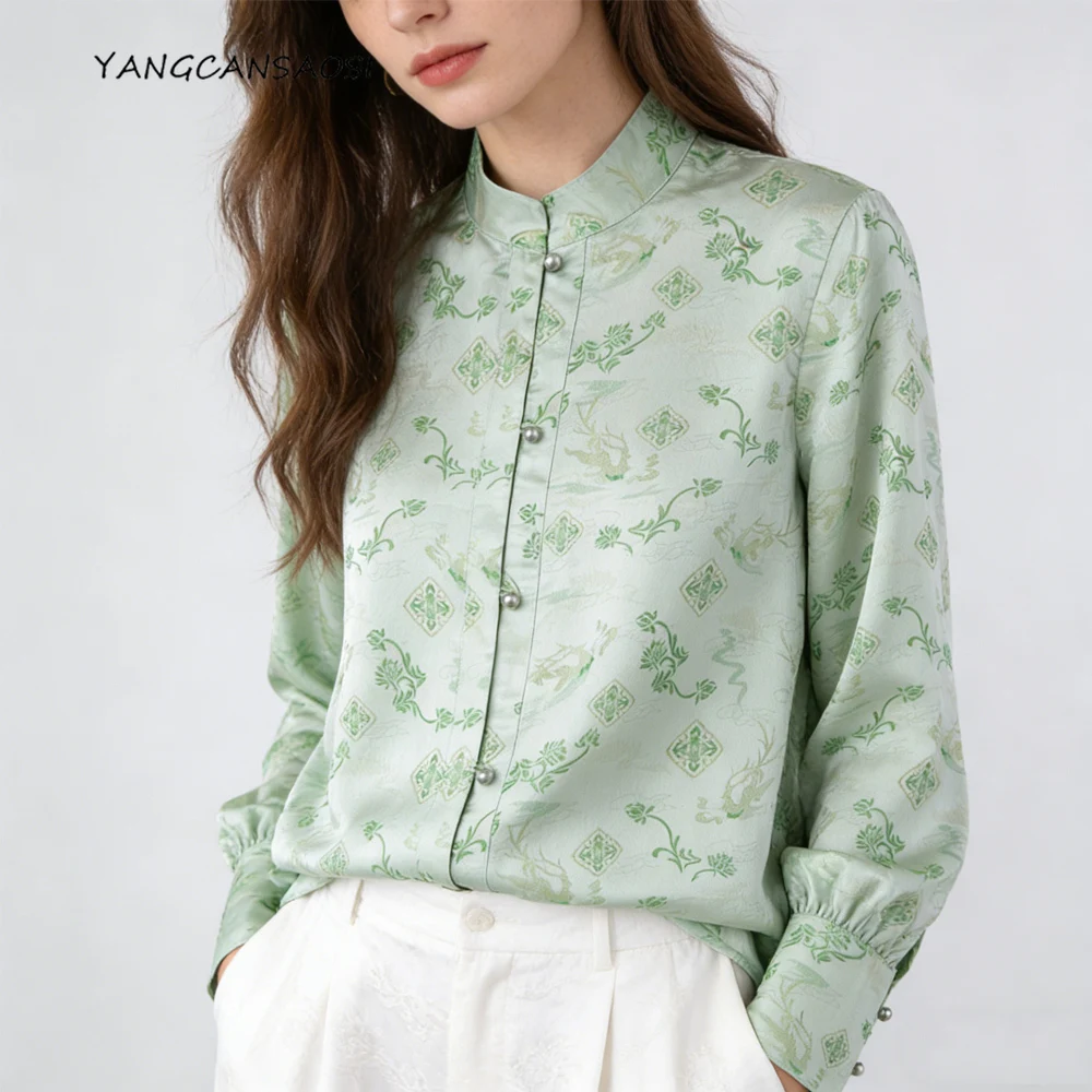 

100% Natural Mulberry Silk Jacquard Satin Top, Women's Fashion Stand Up Collar Lantern Long Sleeve Shirt, 2026 Spring Clothing