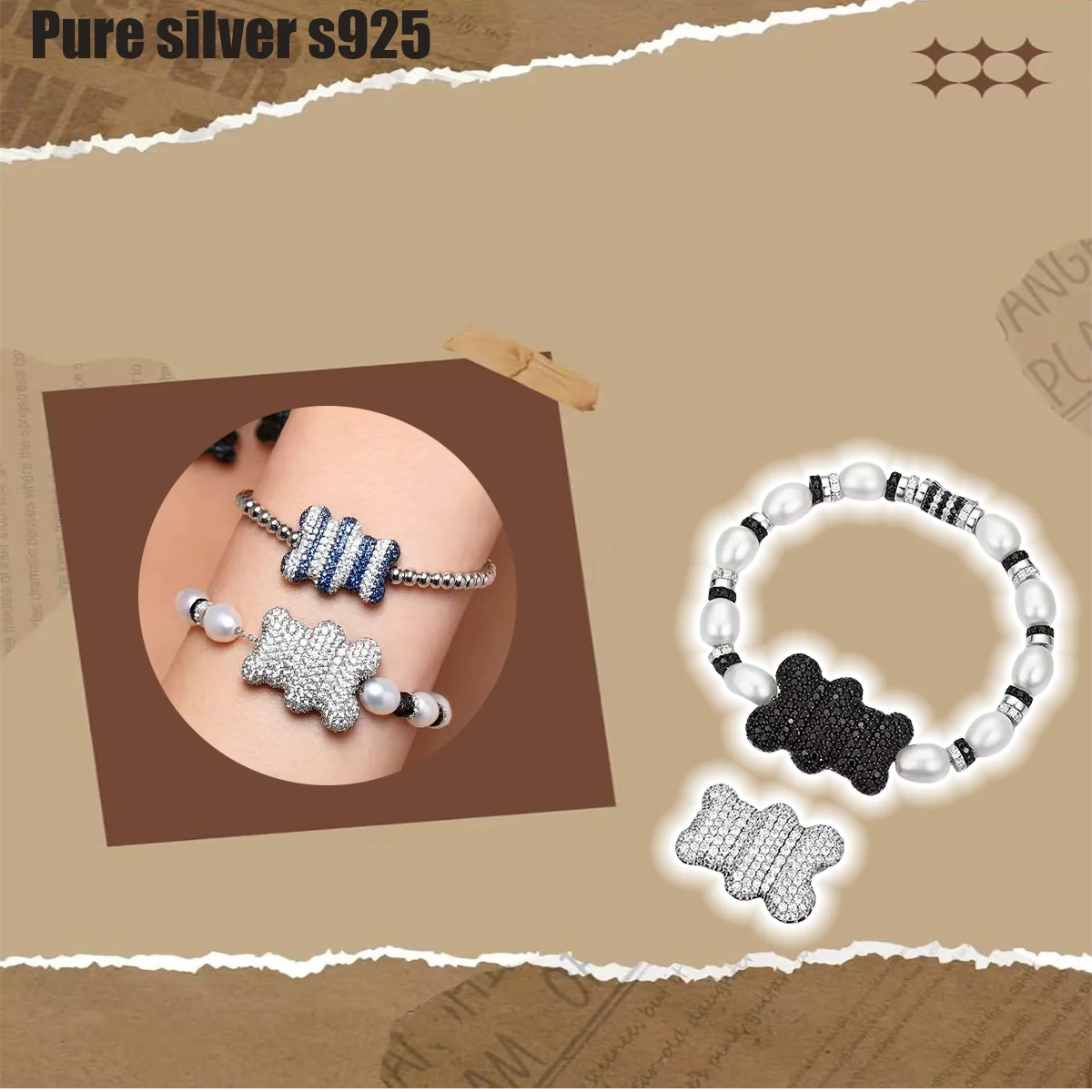 

Pure silver s925 bracelet Personalized, trendy, stylish teddy bear, pearl bracelet, high-end and fashionable