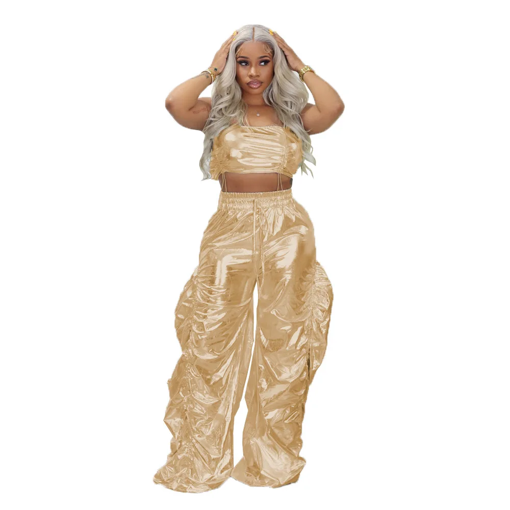 Fashion Patent Leather Suit For Women Ins Stamping New Character Street Hip-hop Nightclub 2piece Set Party Club Costumes Y2k