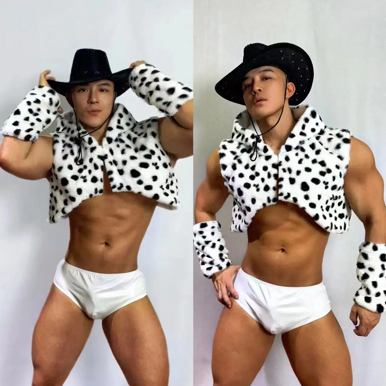 Men's Sexy Cow Faux fur Coat Stage Show DS Gogo Dance Wear Party Theme Western cowboy Performance Outfits Costumes