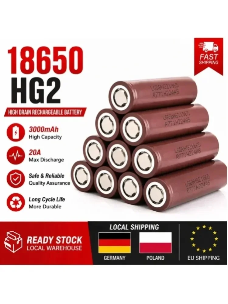 18650 Li-Ion Akku-Zelle 3.7V 3000mAh 20A mit flachem Anschluss, Ersatz für HG2 RC Racing Drone, tragbarer Winkelschleifer, Elektrowerkzeug-Akkupack, DIY, EU Schnellversand, lange Lebensdauer