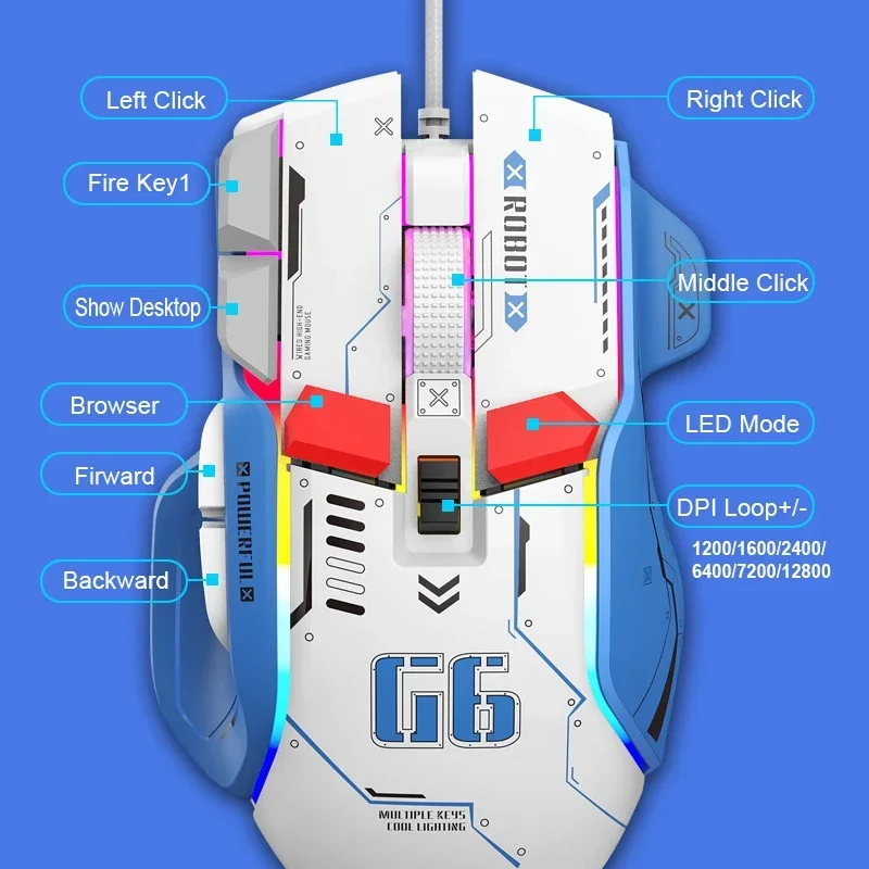 

G6 Gaming Mouse Wired 128000DPI ChipA826 RGB Macro-programmable Ergonomic design superior for Gaming and Work