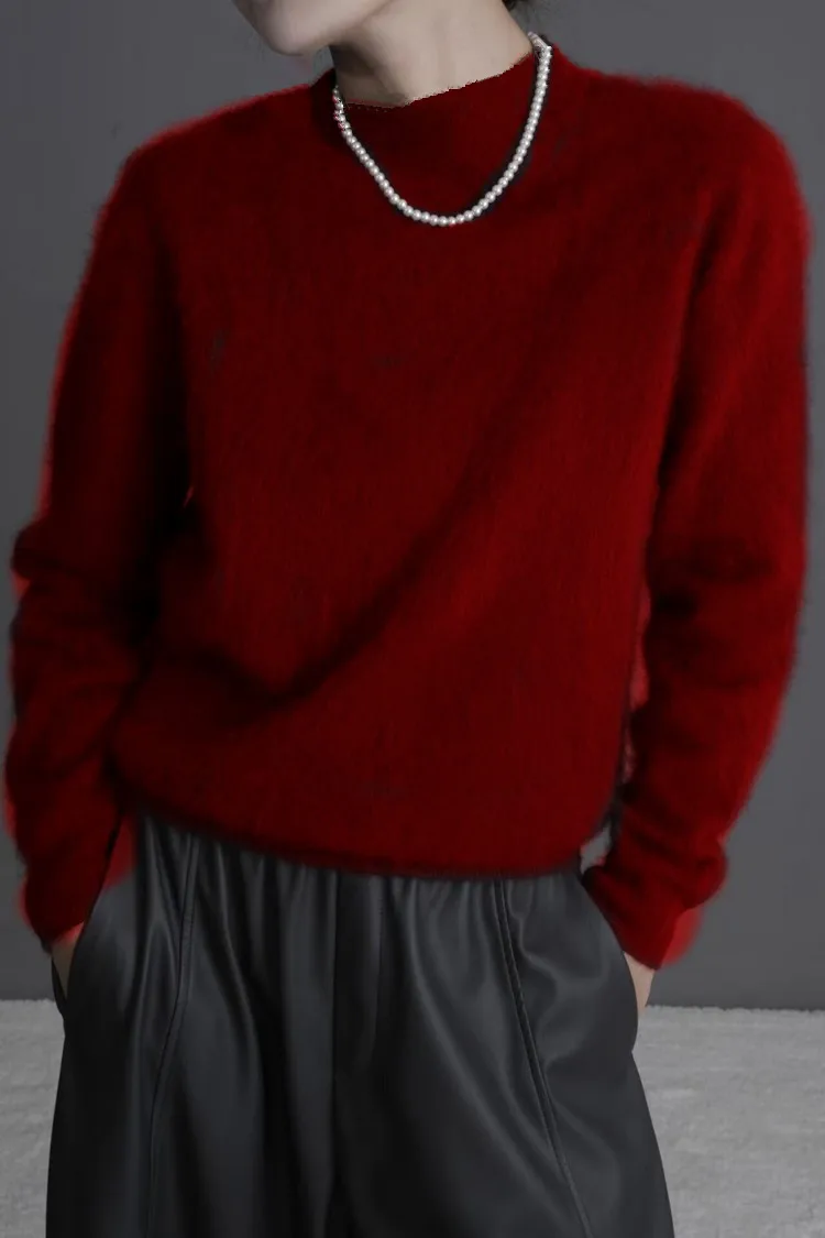 

Chic Women Pullover Brushed Wool 100% Merino Wool Sweater Autumn Winter Warm Mock Neck Long Sleeve Skin Friendly Fleece Clothes