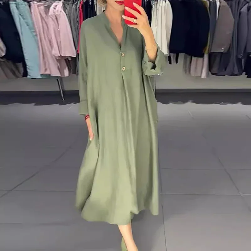 Spring Simple Casual Long Sleeve Loose Basic Dress Ladies Fashion Vestidos A-Line Long Party Dress Solid Color Muslim For Women