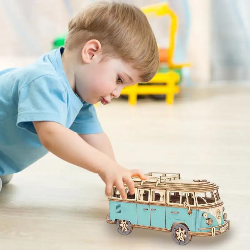 Bus Wooden Puzzle Bus Toy Wooden Model Kit Building Set 3D Puzzle Bus Construction Kit Wooden Craft Tour Bus Puzzle For Kids