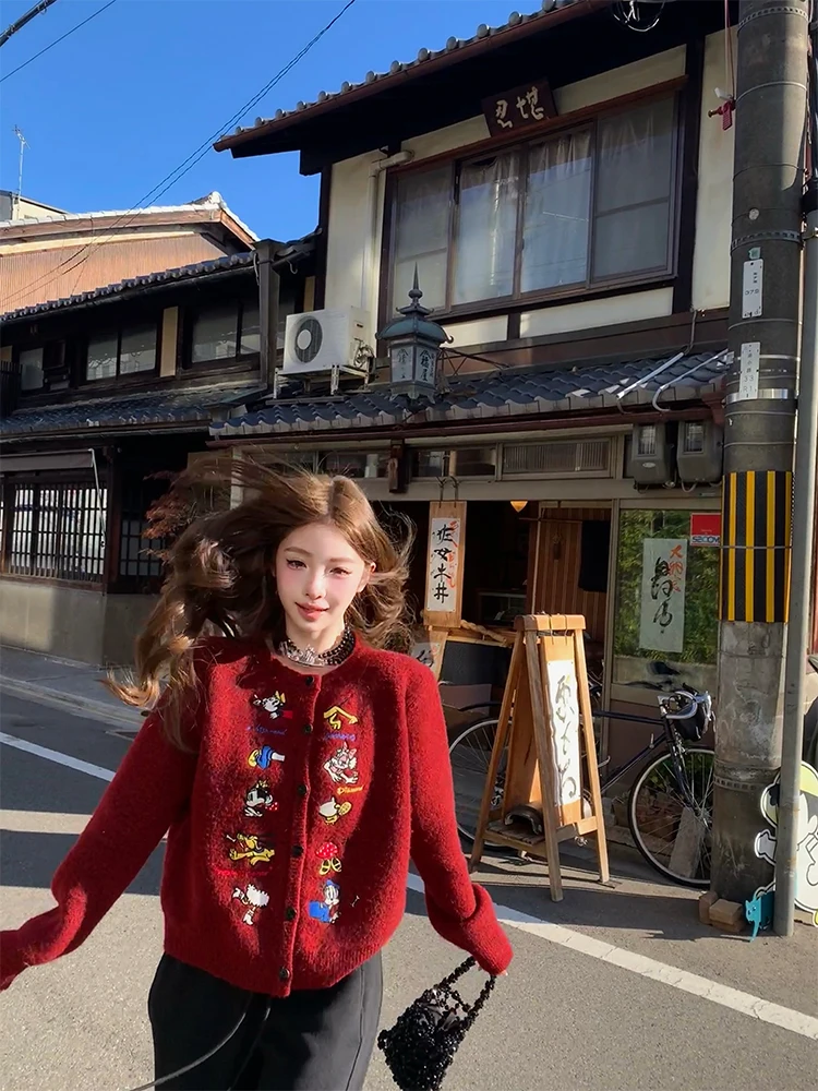 

Женский вязаный кардиган FuunJ в стиле ретро с вышивкой, свитер-жакет для ношения под одеждой, осенне-зимний, удлиненный, стандартный крой, на одной пуговице