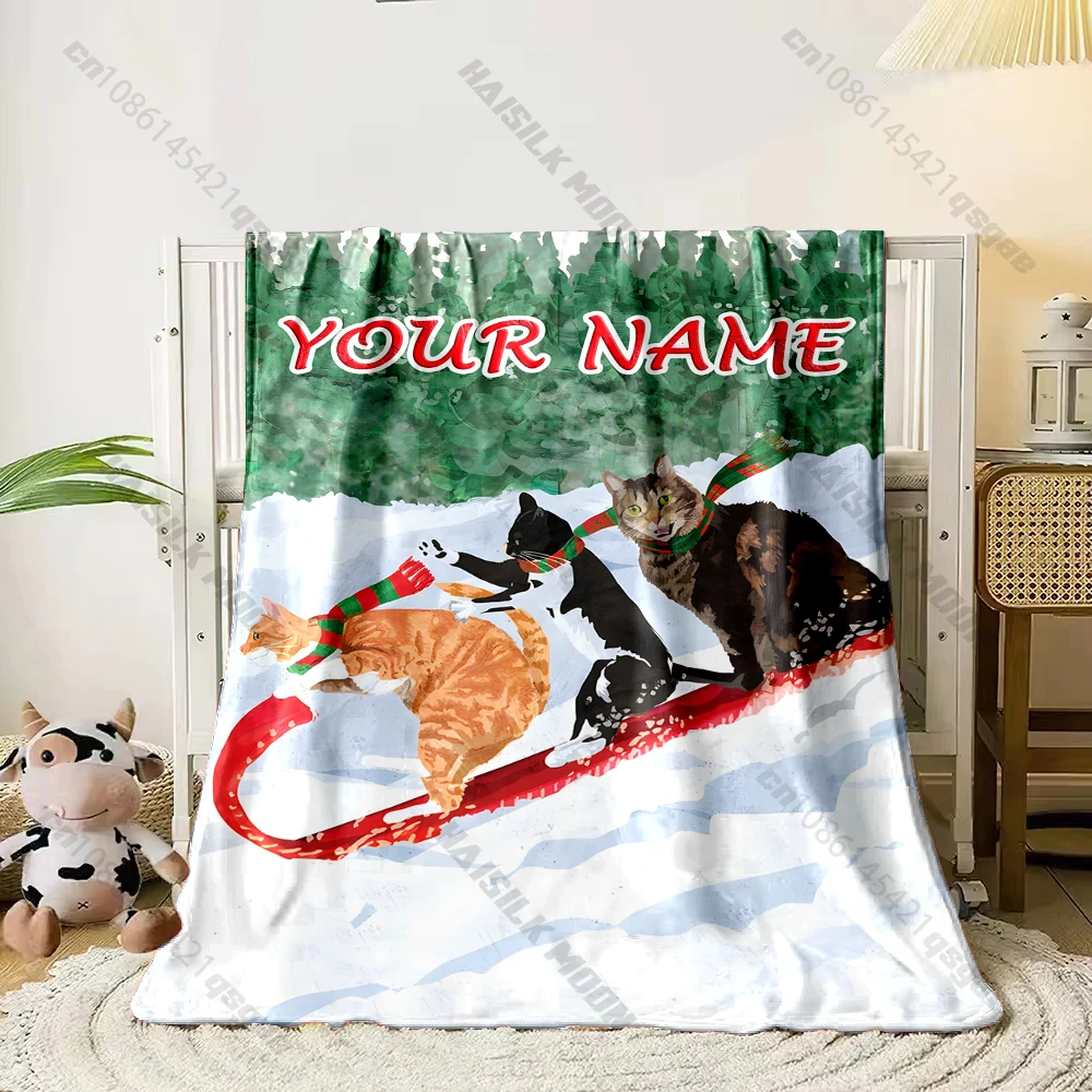 Personalized Name Sledding Cats Christmas Throw Blanket Three Cats Winter Snow Forest Scarf Print Blanket Cat Lover Xmas Gift