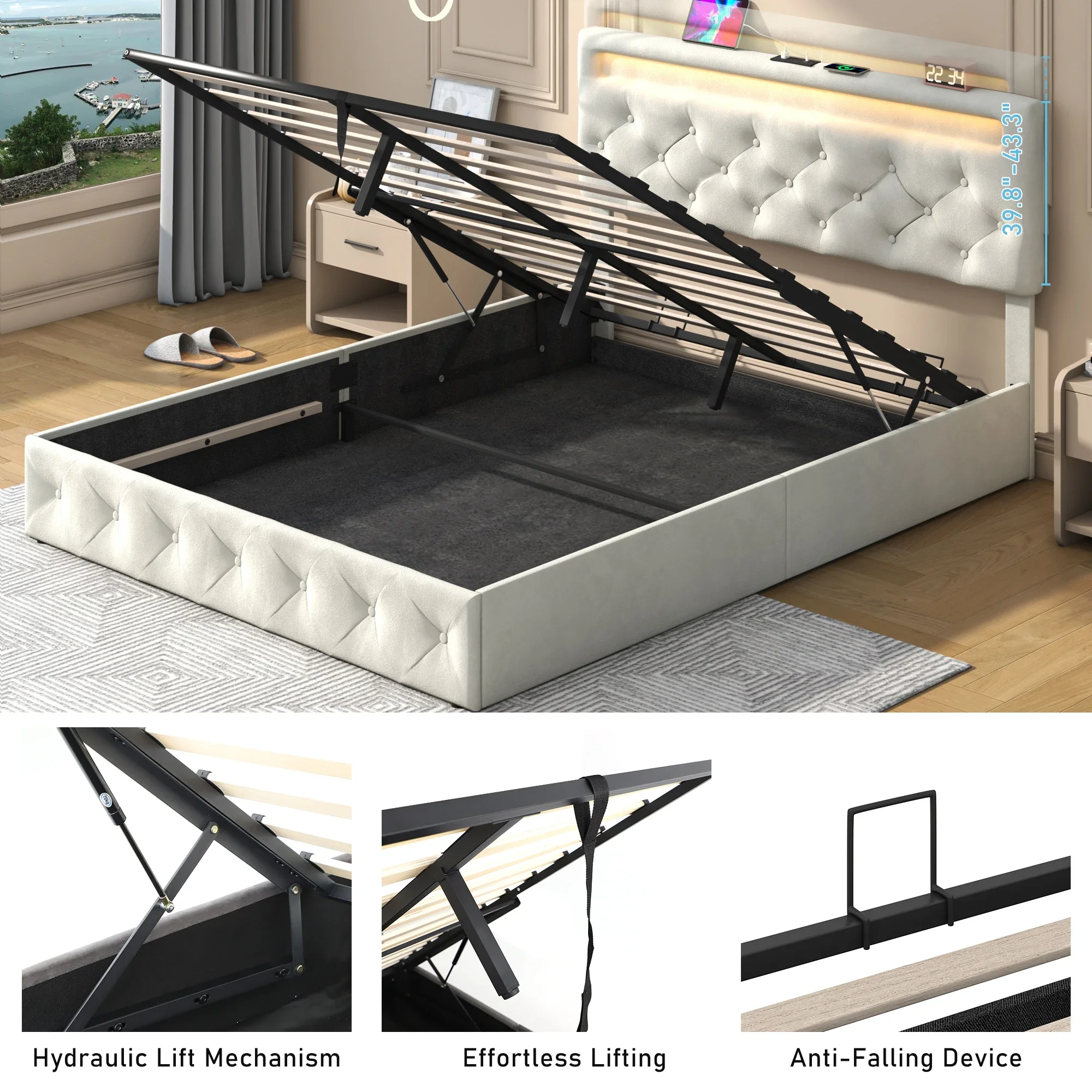 Queen/Full Lift Up Storage Bed Frame w/LED Lights & Charging Station, Velvet Upholstered Bed Frame w/Adjustable Tufted Headboard