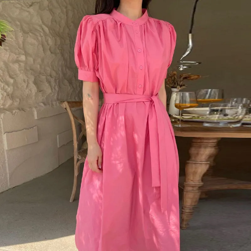 

Женское элегантное однотонное платье-рубашка Clothland с круглым вырезом, короткими рукавами и поясом, повседневное модное платье миди QE416