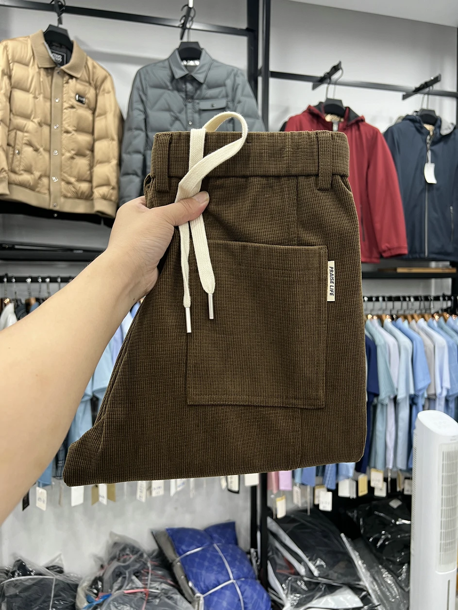 

Fashionable Corduroy Men's Casual Pants Thick Winter Warm Trousers with Drawstring mid Waist Straight Leg Polyester Fiber