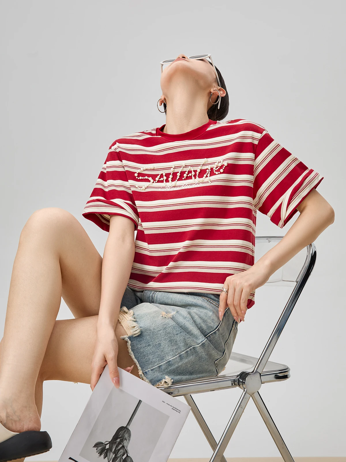 Red Stripe Beaded ort Sve T-irt Summer New Women's Unique Super Beautiful Single Wear Casual Loose Polyester Blend