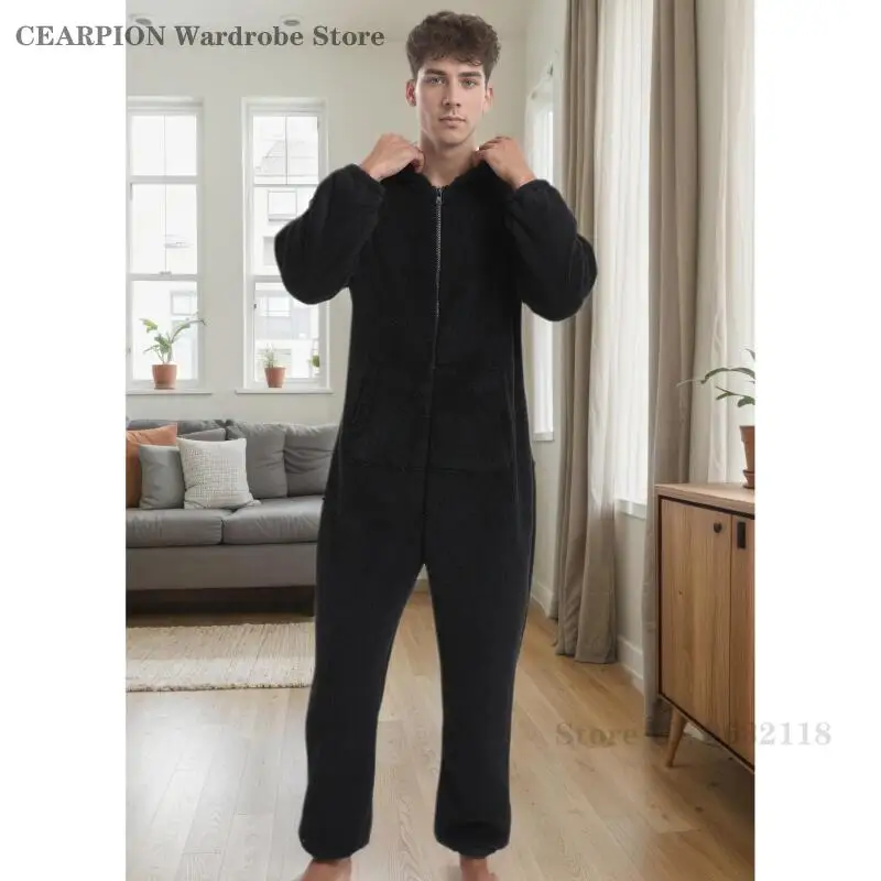 Autunno Inverno Uomo Spessore Corallo Pile Degli Indumenti Da Notte Con Cappuccio Caldo Pigiama di Un Pezzo Maschile Plus Size Indumenti Da Letto Allentato Casual Abbigliamento Per La Casa