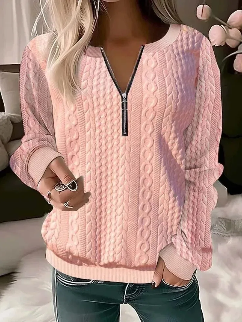 

Autumn and Winter New Elegant Women's Clothing Casual Long-sleeved Pullover Solid Color V-neck Zipper Loose T-shirt Top 2023