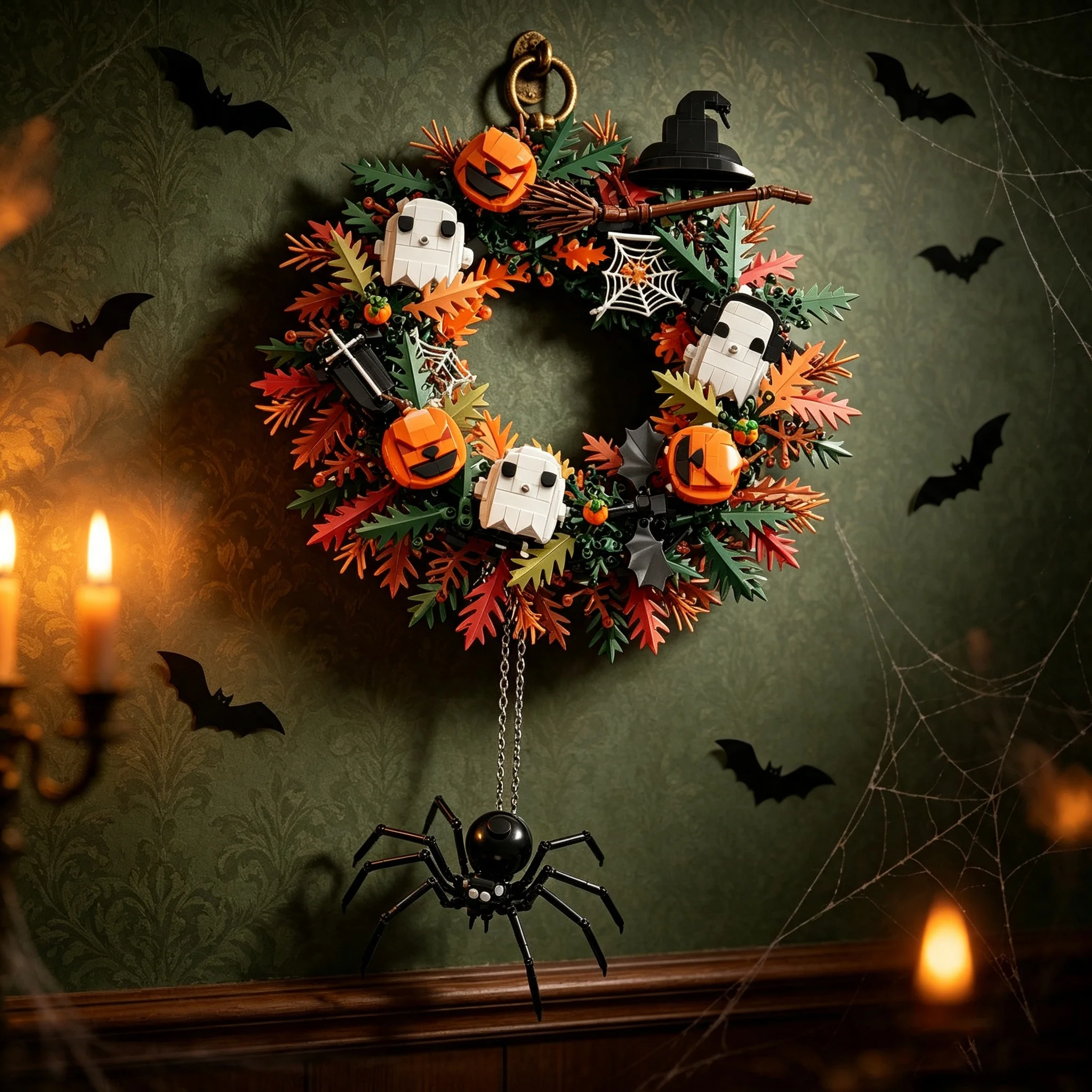 1211PCS Spider Wreath Building Blocks Pumpkin Ghost Spooky Model Brick Halloween Holiday Decoration Wall Hanging Puzzle Toy Gift