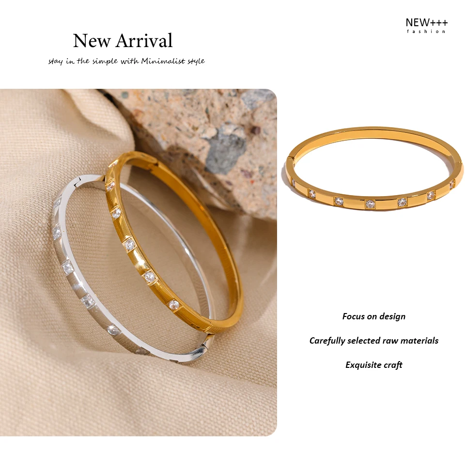 Yhpup Stilvoller Armreif aus Edelstahl mit Zirkonia, 18 Karat vergoldet, wasserdichter Schmuck für Damen, Charm-Mode – Detail 9