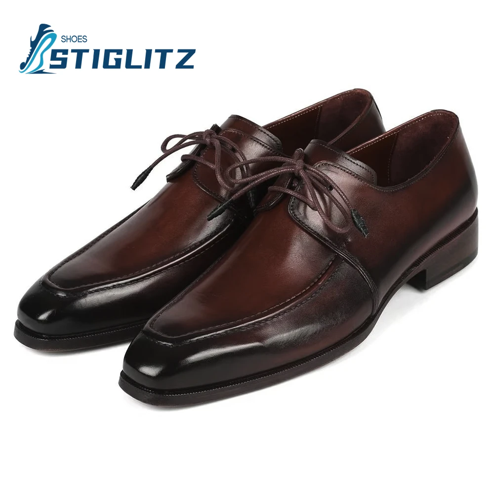 New Bordeaux Leather Apron Derby Shoes for Men Handmade Gradient Color Rubbing Oxfords Shallow Lace Up Formal Suit Wedding Shoes