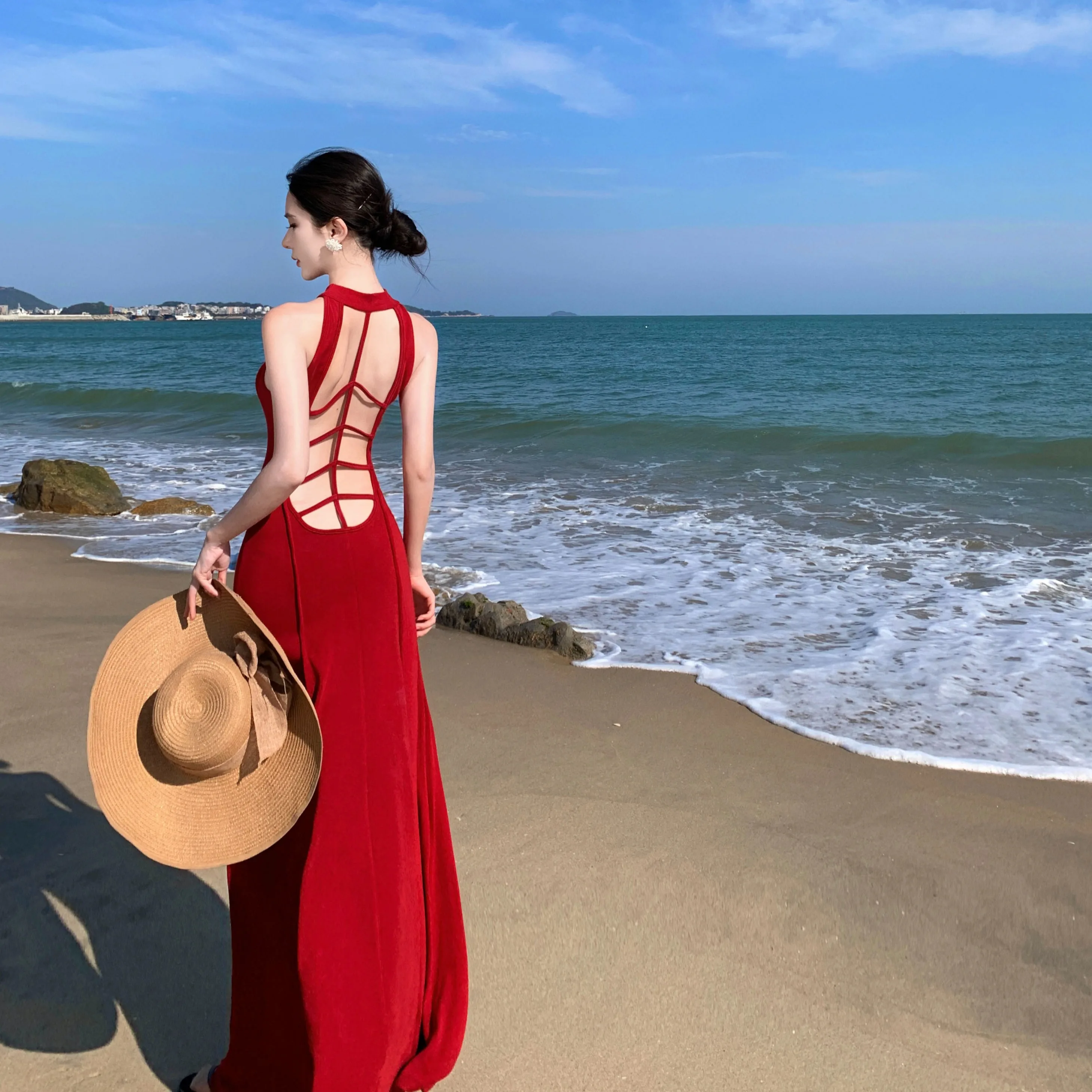 Women's Elegant Off-the-shoulder Red Evening Dress Sexy Backless Cutout Maxi Dress Solid Chic Events Parties Prom Vestidos Robe