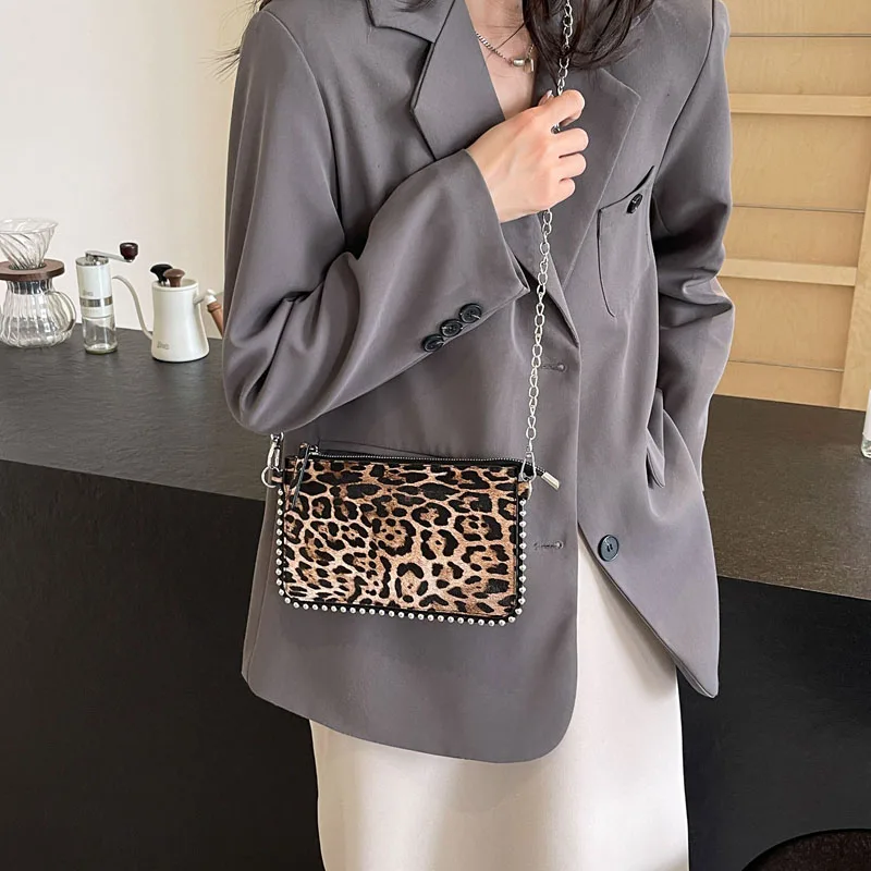 Beading Zipper Leopard Pattern Crossbody Bags For Women, Small Square Shoulder Bag Ladies Handbags Designer Phone Pocket
