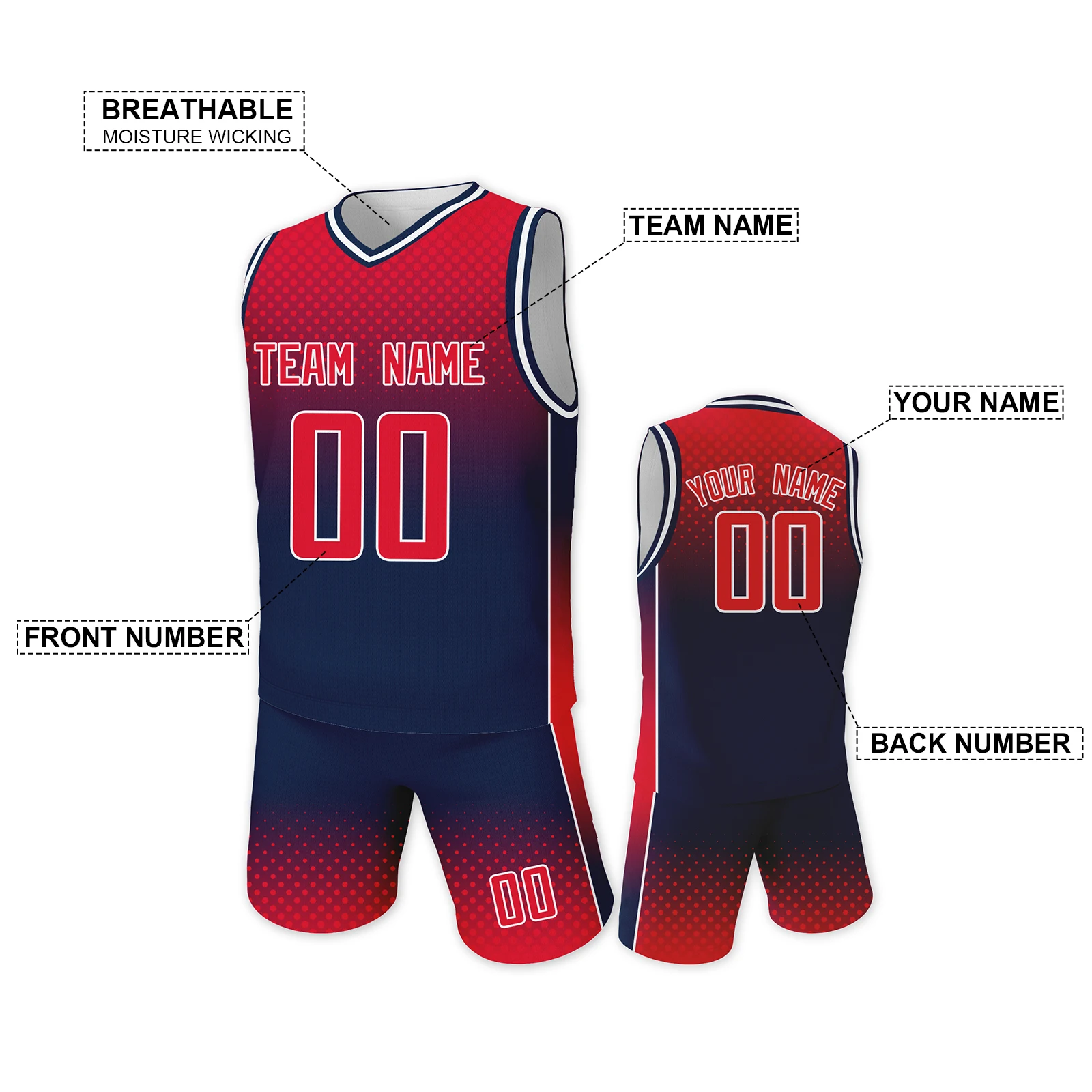 Gradient Red Navy Basketball Jersey Custom Kids Team Basketball Training Uniform with Printed Name Number Boys Girls Fans Gift