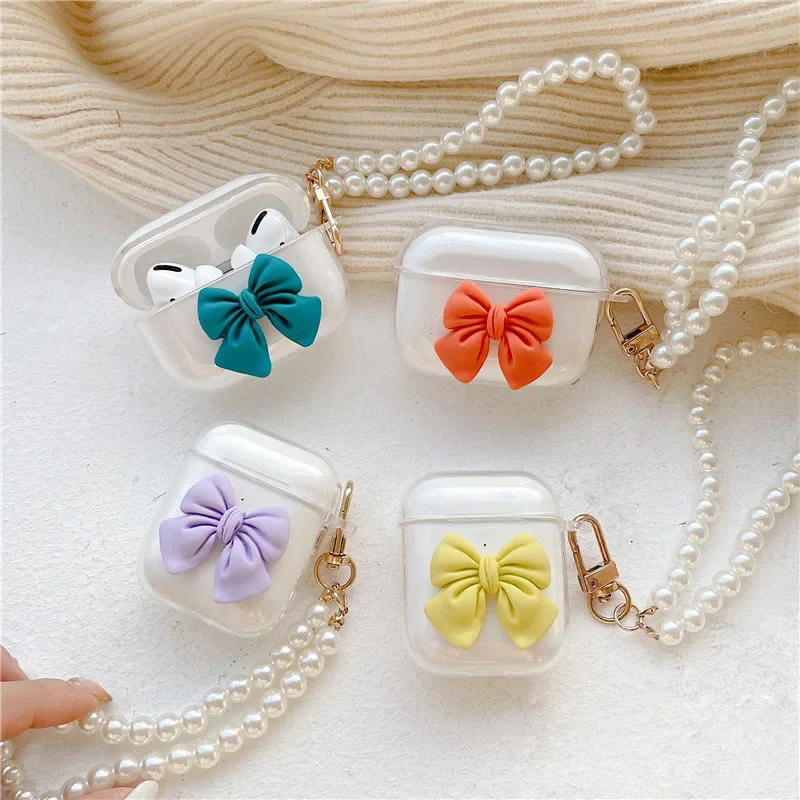 Sweet Cream Bow Headphones Box For AirPods 1 2 Pro 3 Case Clear Soft TPU Earphone Case Cover With Cute Pearl Bracelet Keychain