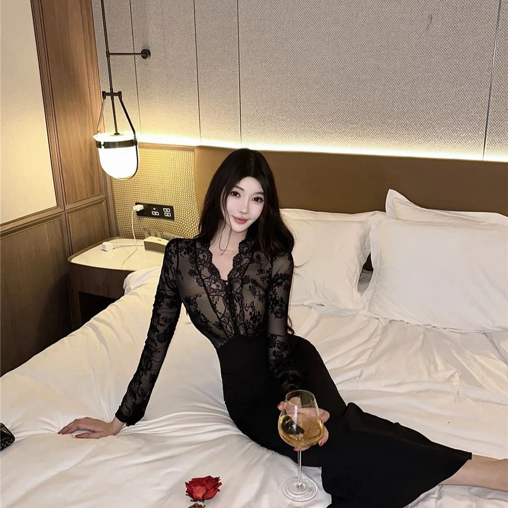 Sexy Bla Lace Splice Long Sve Dr Gonna aderente a vita alta autunno inverno da donna Dr Long Dr Lace Splice Bodycon