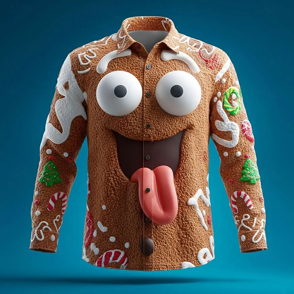 Christmas Men's 3D Graphic Long Sleeve,Street Style Fashion,Cartoon Smile Face Man Prints Design,2025 Fall Casual Shirt