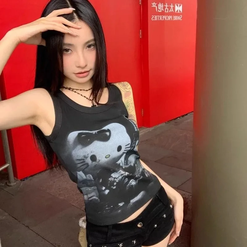 

Cute Sanrio Hello Kitty Tops Girls Summer Fashion Sleeveless T-Shirts Cartoon Cute Woman Tight Fitting Vest Y2K Undershirt