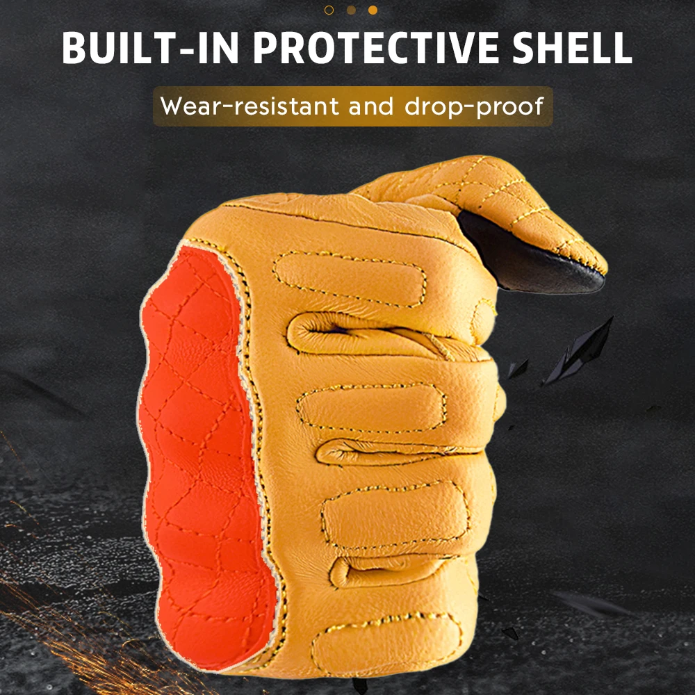 Yellow Leather Motorcycle Gloves Retro Full Finger Motocross Gloves Touchscreen Goatskin Bicycle Riding Gloves For Men Women