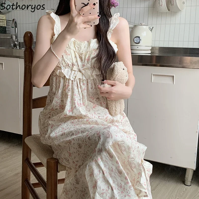 

Floral Sleeveless Nightgowns Women Sweet Baggy Bow Design Girlish Summer Home Padded Sleepwear Aesthetic Lounge Students Ulzzang