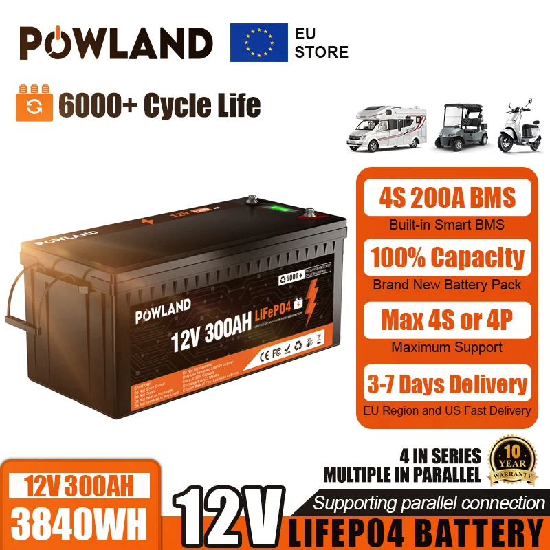 POWLAND LifePO4 Battery 12.8V 300AH 3840WH Built-In BMS Rechargeable lithium Pack Grade A Cell RV Golf Cart Boat Solar Tax Free