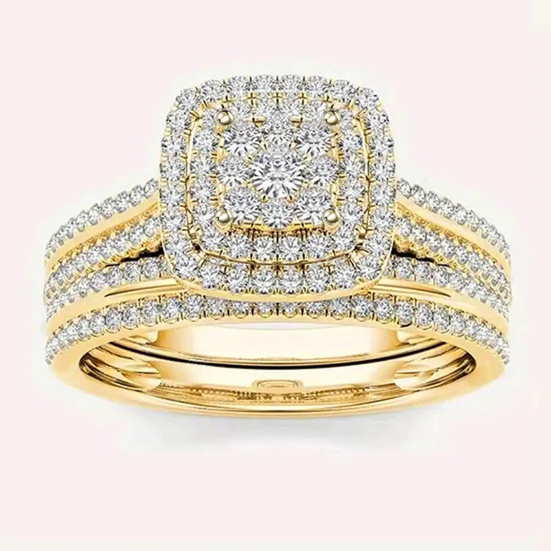 Huitan 2 Teile/satz Trendy Hochzeit Ringe für Frauen Luxus Gold Farbe Dazzling Zirkonia Finger Schmuck Mode Engagement Zubehör