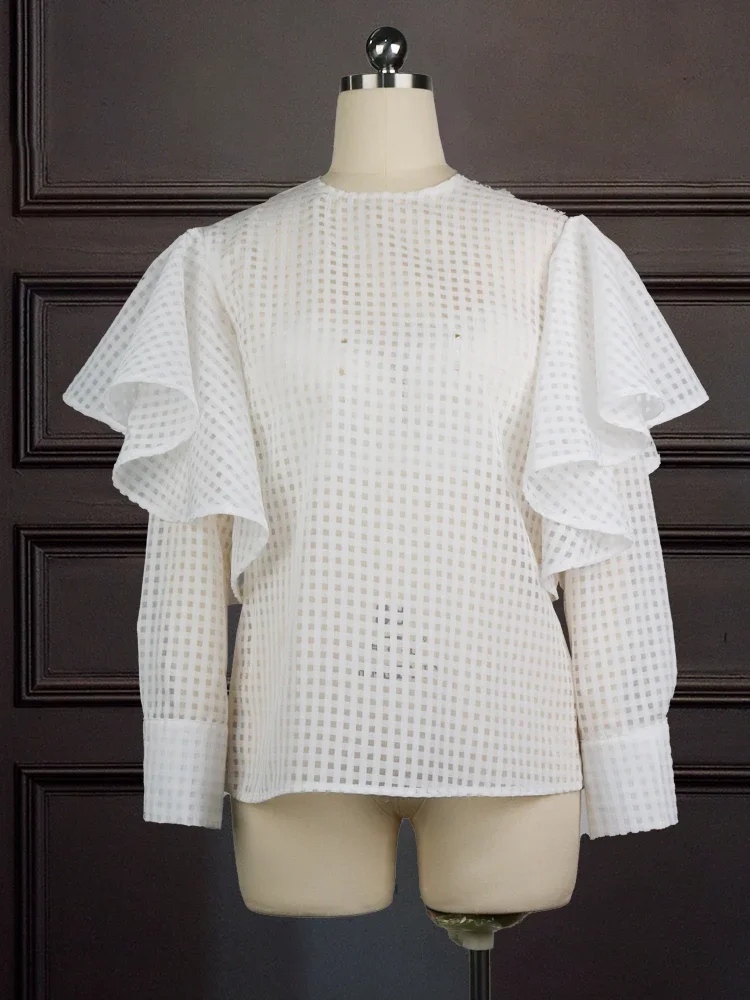 Women White Blouses Long Sleeve See Through Plaid Print Ruffle Tops Shirt Large Size Transparent Fashion Party Date Club Clothes