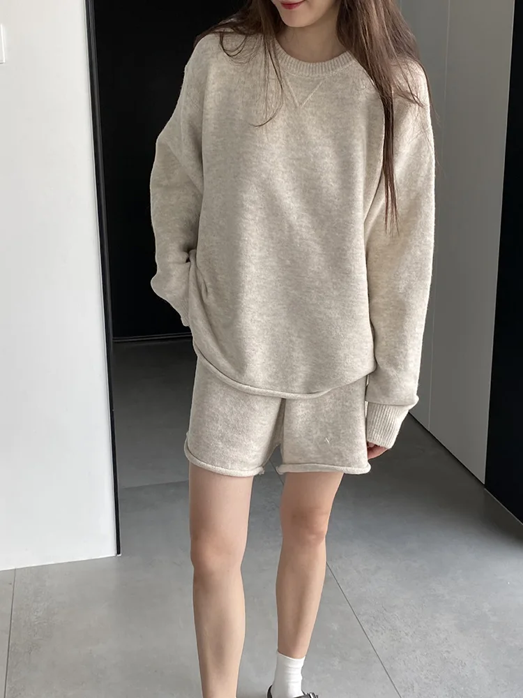 Women Casual Knitted Sweatshirt Hoodies Tops and Wide Leg Shorts Two Pieces Sets 2024 Autumn Korean Fashion Y2K Streetwear