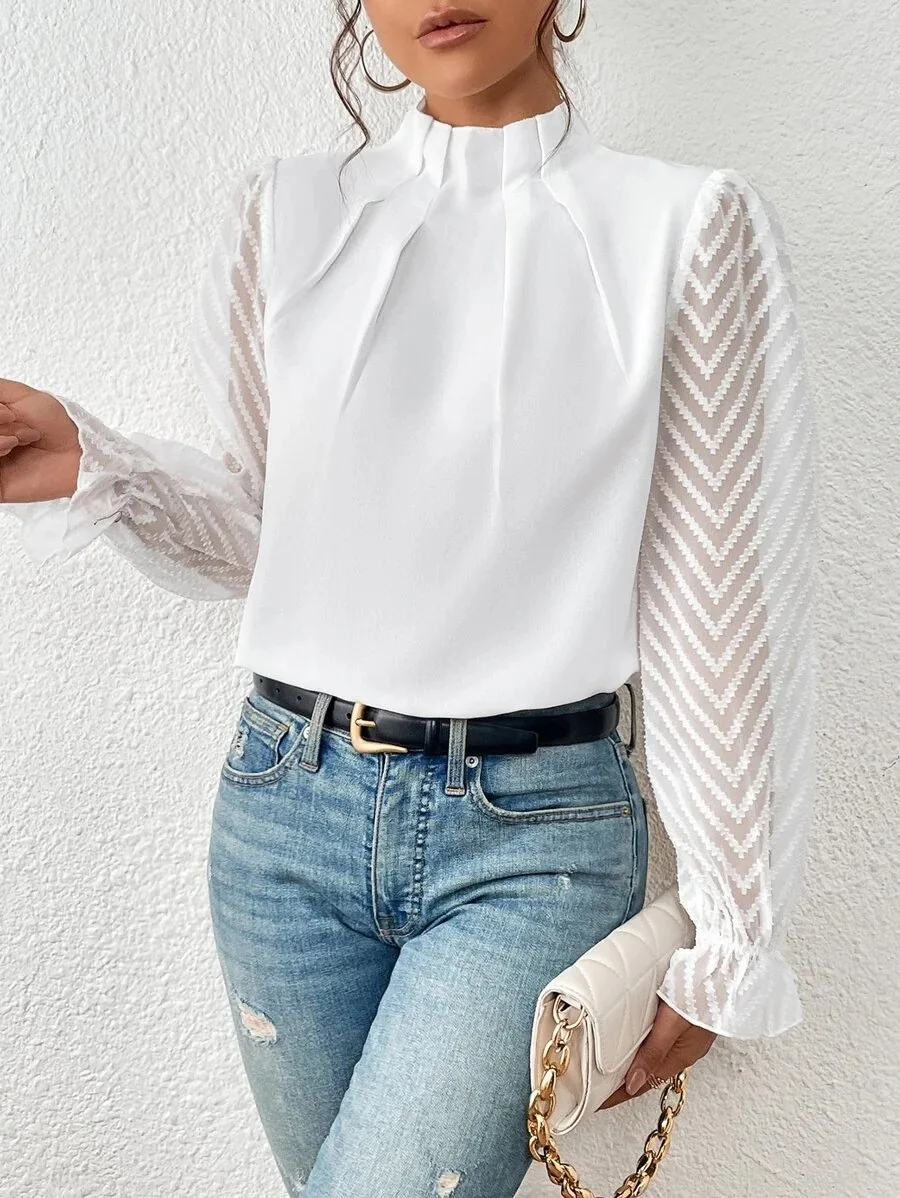 Elegant Ladies Office Shirt Tops Fashion Pleated Lace Long Sleeve T-Shirts Chiffon Shirts Casual Slim Mock Neck Blouse For Women