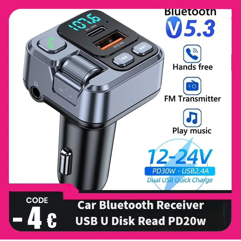 Car Bluetooth Receiver USB U Disk Read PD20w Fast Charging Digital Display Car Mobile Phone Adapter FM Transmiter For Cellphones