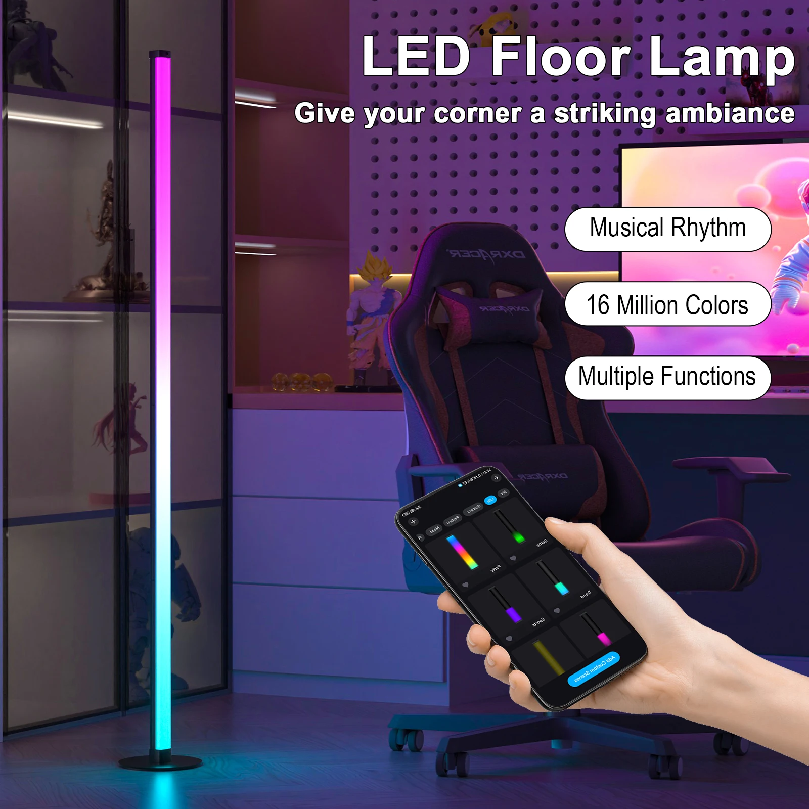 Smart RGB Corner Floor Light, 16 Million Colors Music Rhythm LED Standing Lamp for Gaming Bedroom Decor