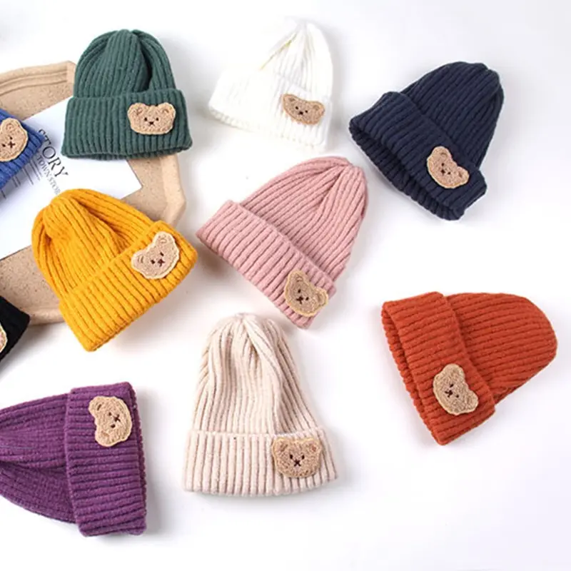 Cute Bear Baby Knit Hat Solid Color Soft Comfortable Toddler Beanies for Boy Girl Cartoon Autumn Winter Warm Kids Knitted Hat