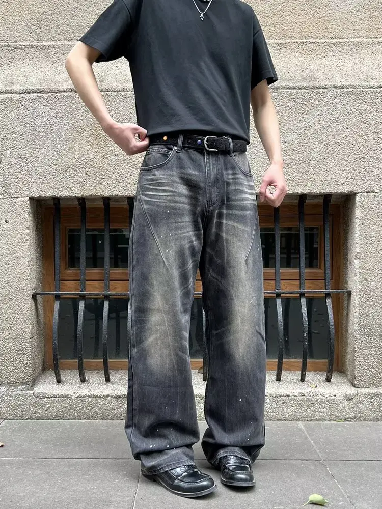 2025 Trashy Y2K 2000S Streetwear Tuschemalerei Baggy Jeans Hosen für Männer 90S Vintage Kleidung gerade alte Baumwolle Faltenhose – Detail 9