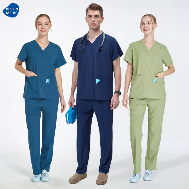 Unisex scrubset: V-hals effen top en broek met rechte pijpen Medische uniformen Tandheelkundig ziekenhuis Verpleegsterspak Stretch Chirurg Werkkleding S12