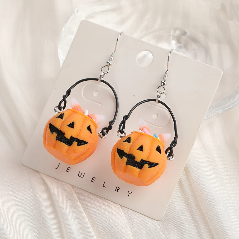 1Pair Fashion Halloween Drop Earrings  Stud Earring 3D Resin Pumpkin Basket Jewelry For Girl  and Woman Birthday Gift