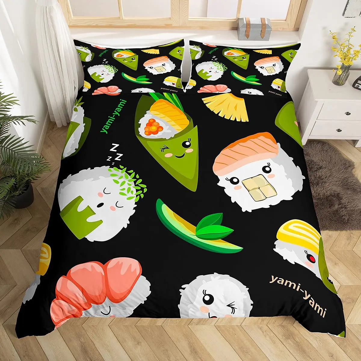 Japan Sushi King Queen Duvet Cover Marine Life Bedding Set Cartoon Japanese Food Quilt Cover Colorful Polyester Comforter Cover