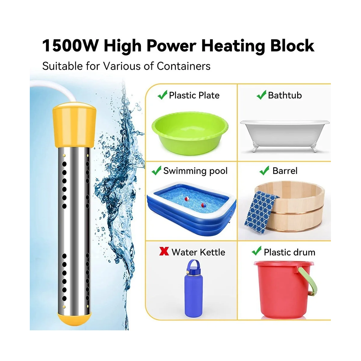 Calentador de agua de inmersión, calentador de agua sumergible eléctrico de 1500W con temporizador, cubierta protectora de acero inoxidable, enchufe de la UE