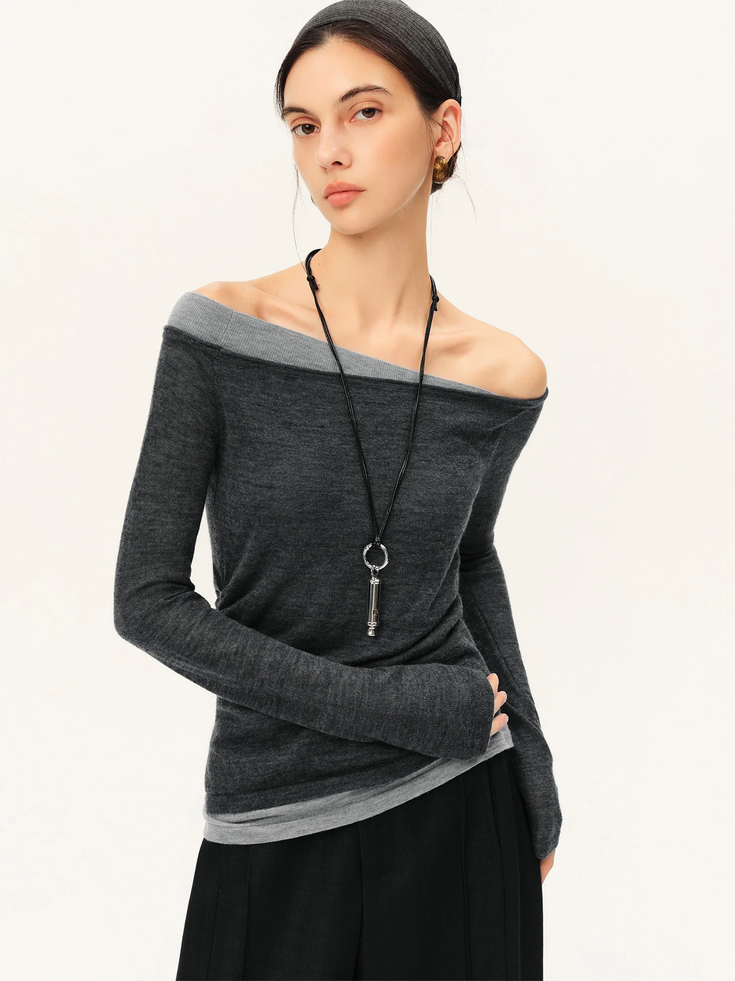 ZIQIAO 2026 Fall New Women's Reversible Fake Two-Piece Knitted Top Boat Neck Design Alpaca Wool Blend Long Sleeve Casual Sweater