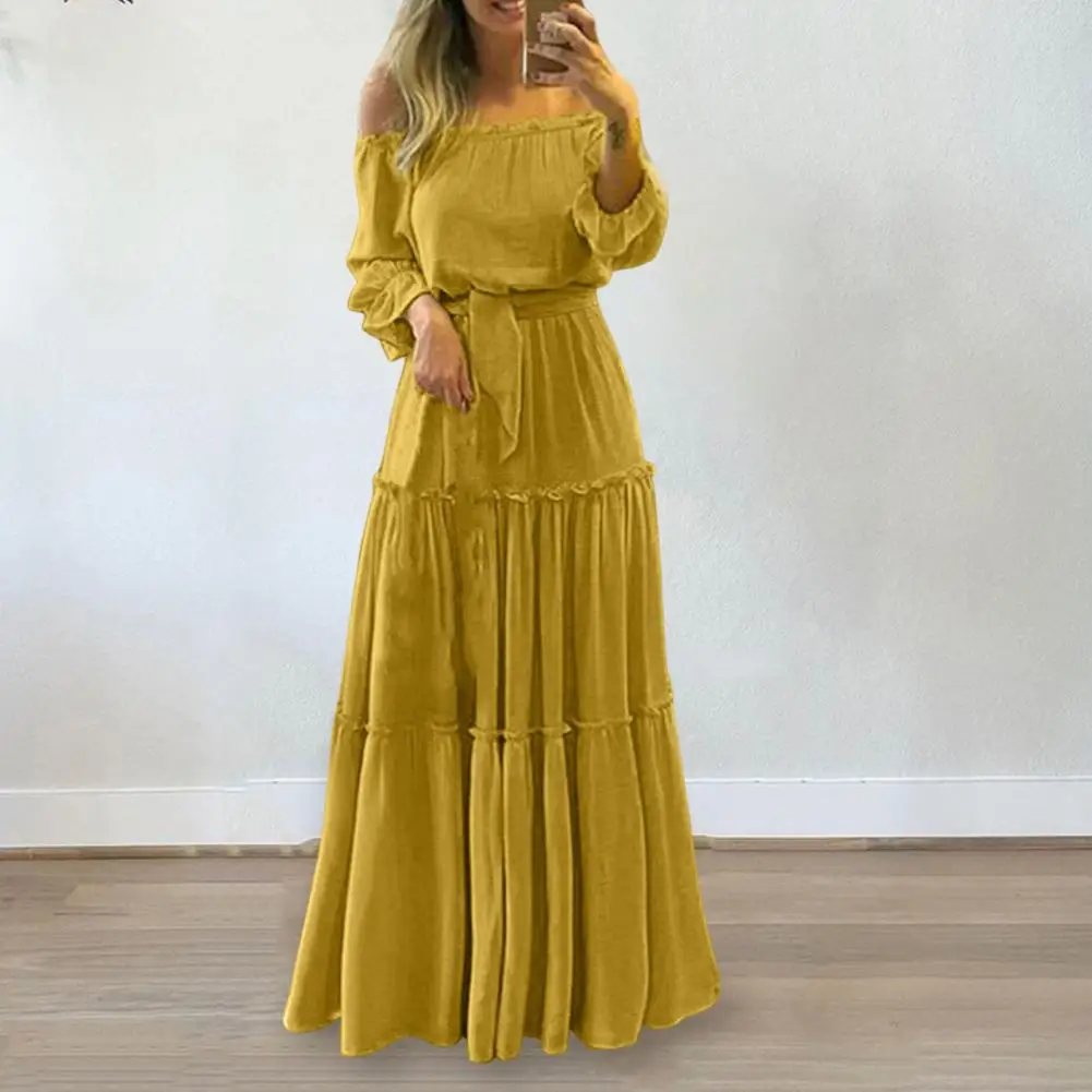 

Bohemian Dress Women 2023 New Ruffles Slash Neck Off Shoulder Sexy Dresses Solid Long Sleeve Oversized Casual Dress