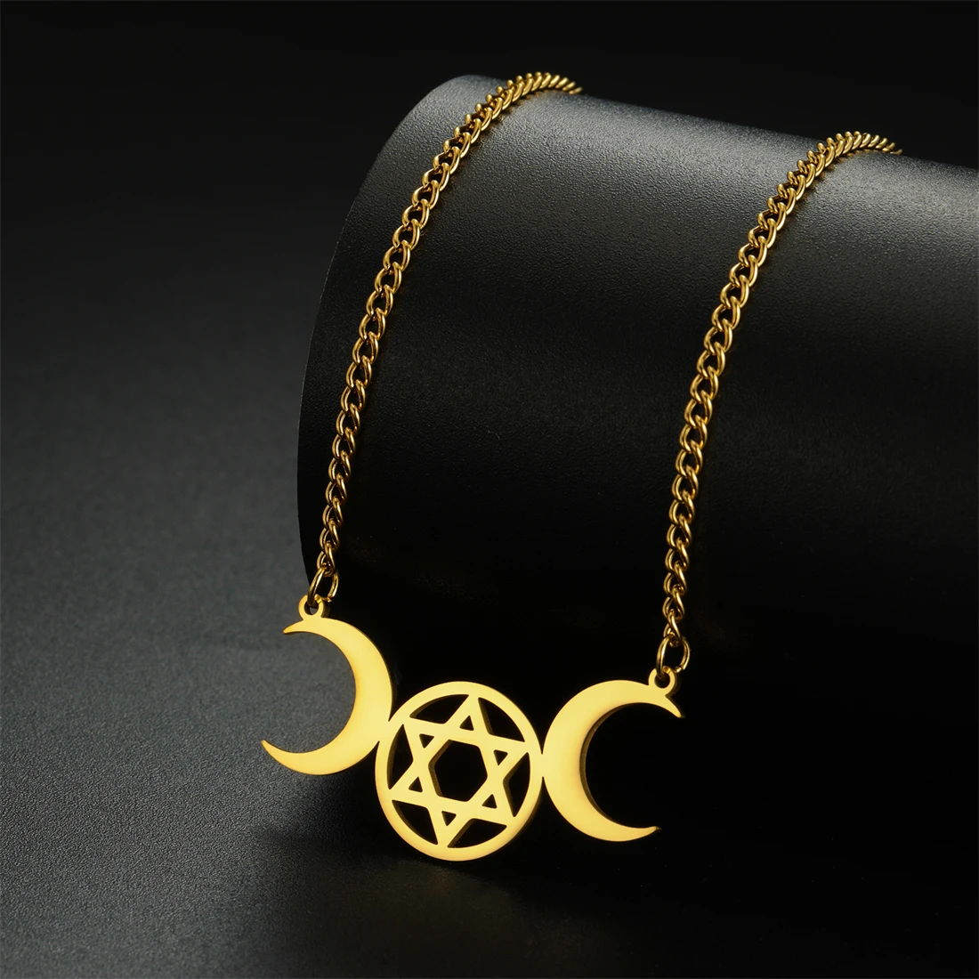 EUEAVAN Witch Triple Moon Goddess Necklace Women Stainless Steel Jewish Star of David Hexagram Pendant Chain Amulet Jewelry Gift